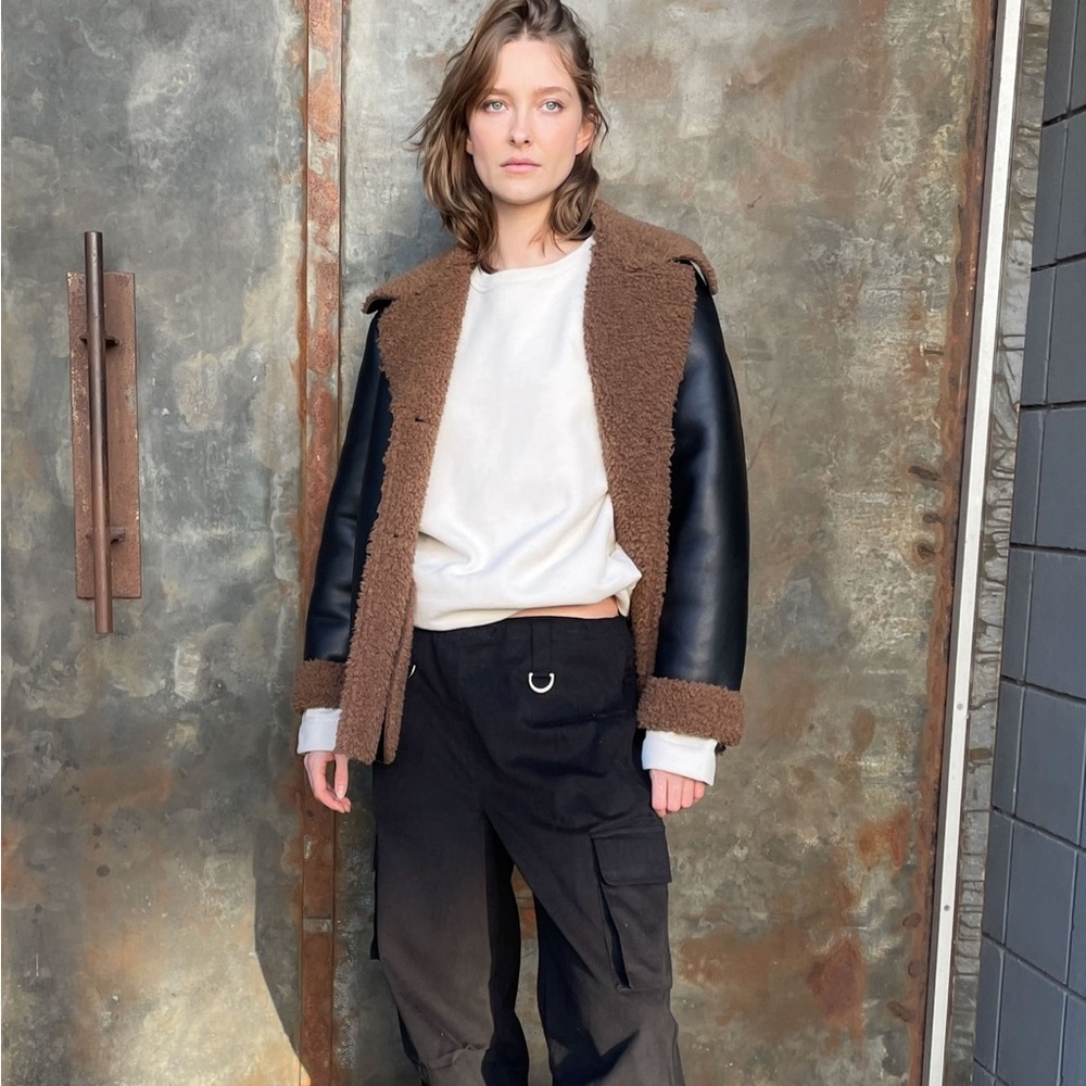 Oak + Fort Sherpa Trimmed Vegan Leather Black Jacket